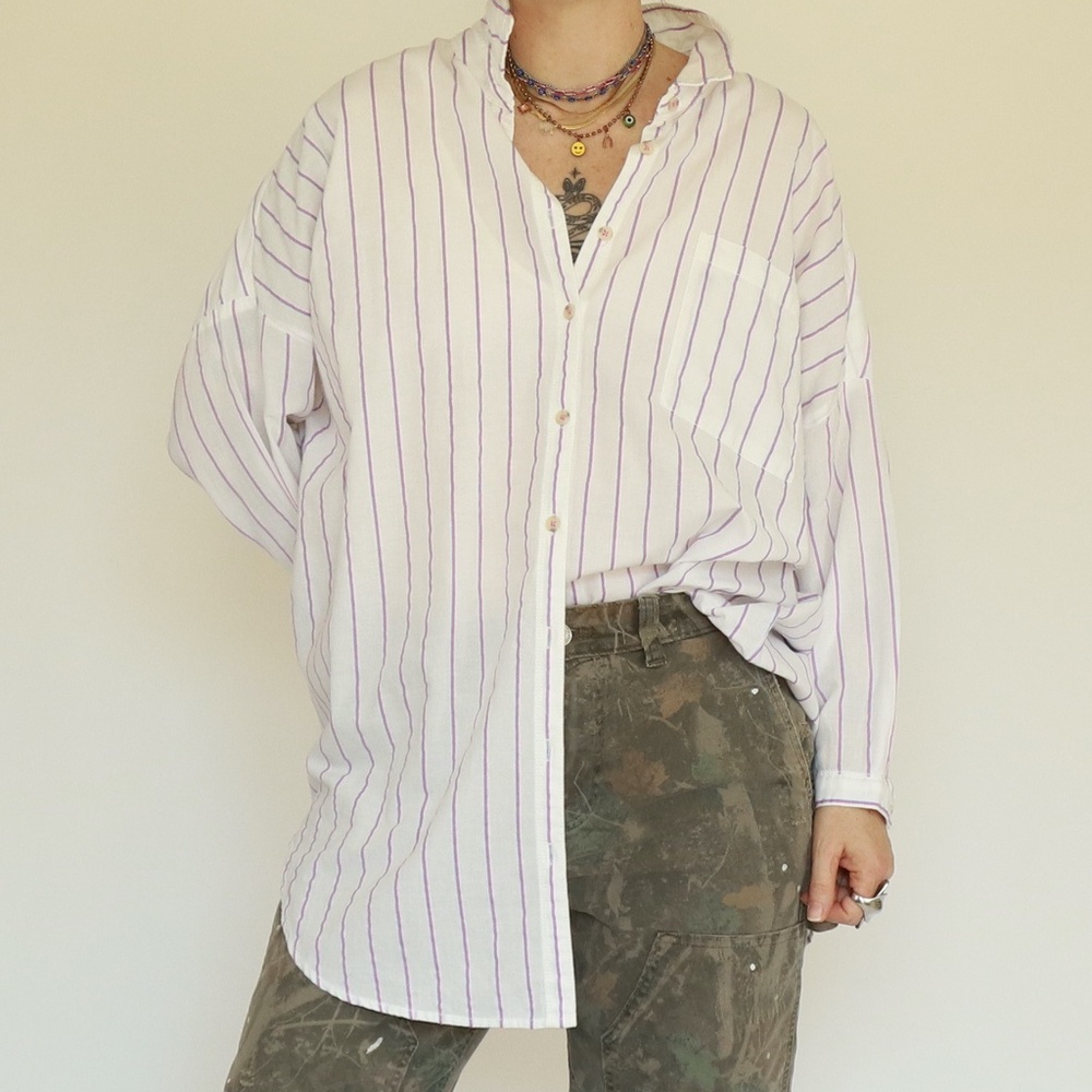 PILCRO x Anthropologie - BOYFRIEND Striped Button Down - XL